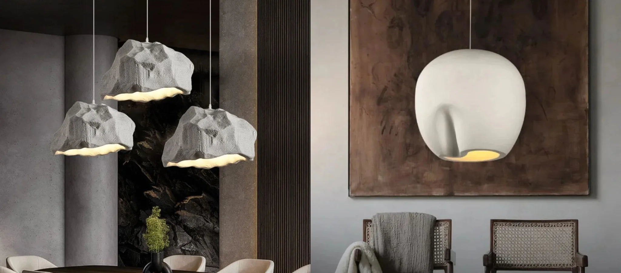 Deux styles de suspensions design présentés dans un intérieur moderne : à gauche, trois luminaires suspendus aux formes rocheuses texturées, et à droite, une suspension arrondie blanche au style organique, installée devant un grand tableau sombre.