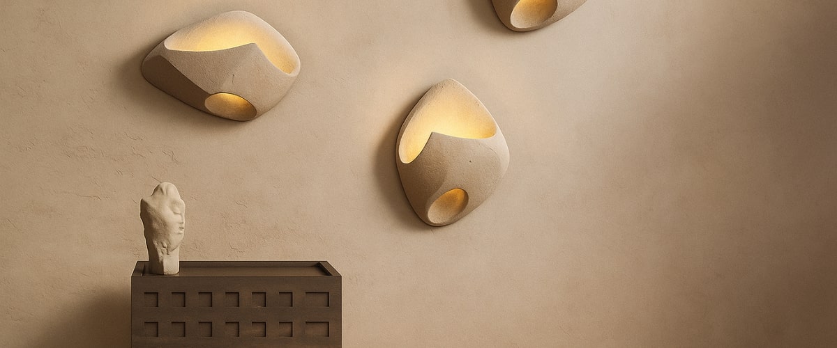 Appliques murales beiges installées sur mur légèrement crépis.