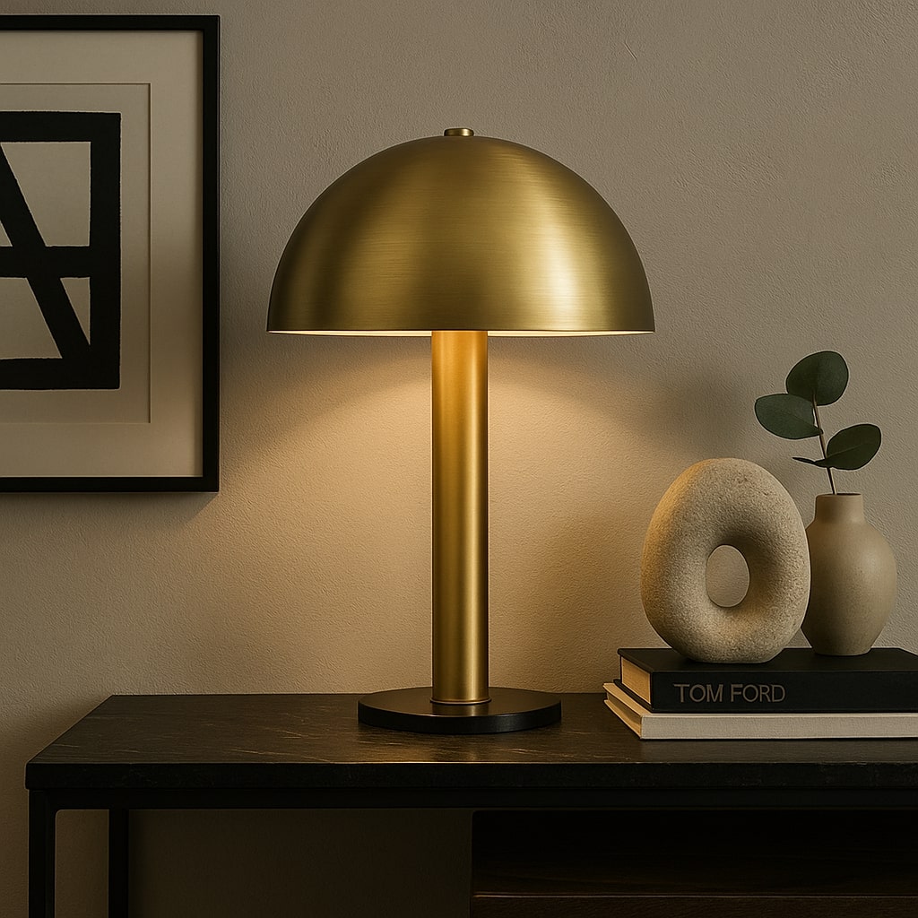 Lampe champignon dorée posée sur meuble de salon
