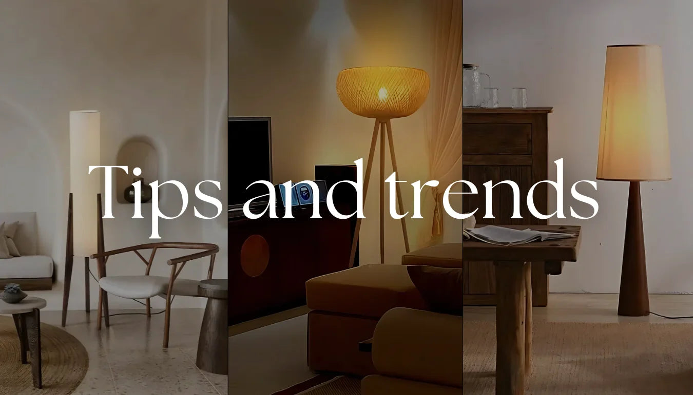 Montage élégant de trois ambiances intérieures mettant en valeur des lampadaires design aux styles scandinave, bohème et contemporain, avec l’inscription « Tips and trends » en typographie raffinée.