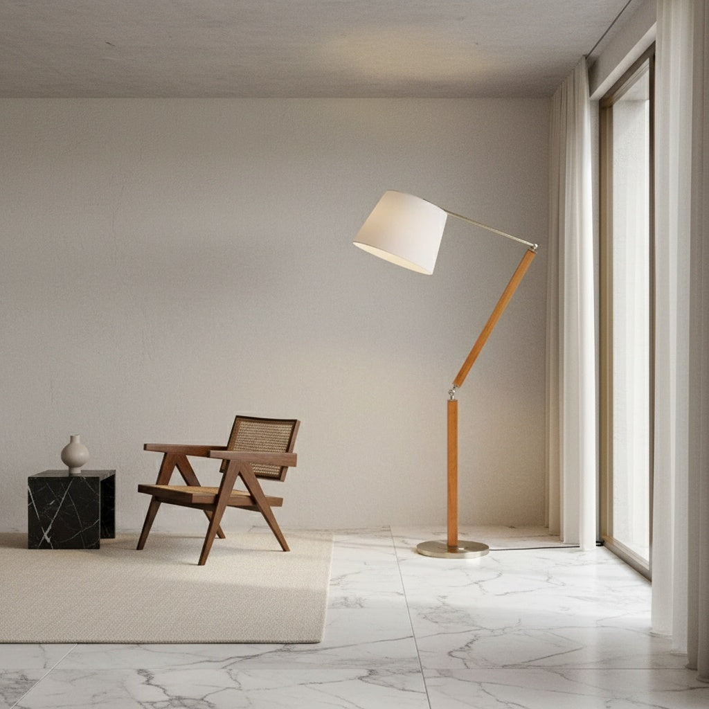 Lampadaire mid-century modern bois et métal brossé | ALDEN