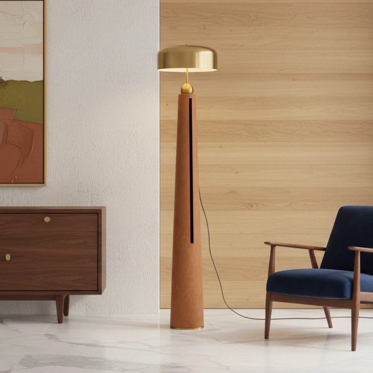 Mid-century modern brass and brown leather floor lamp | LUMIO