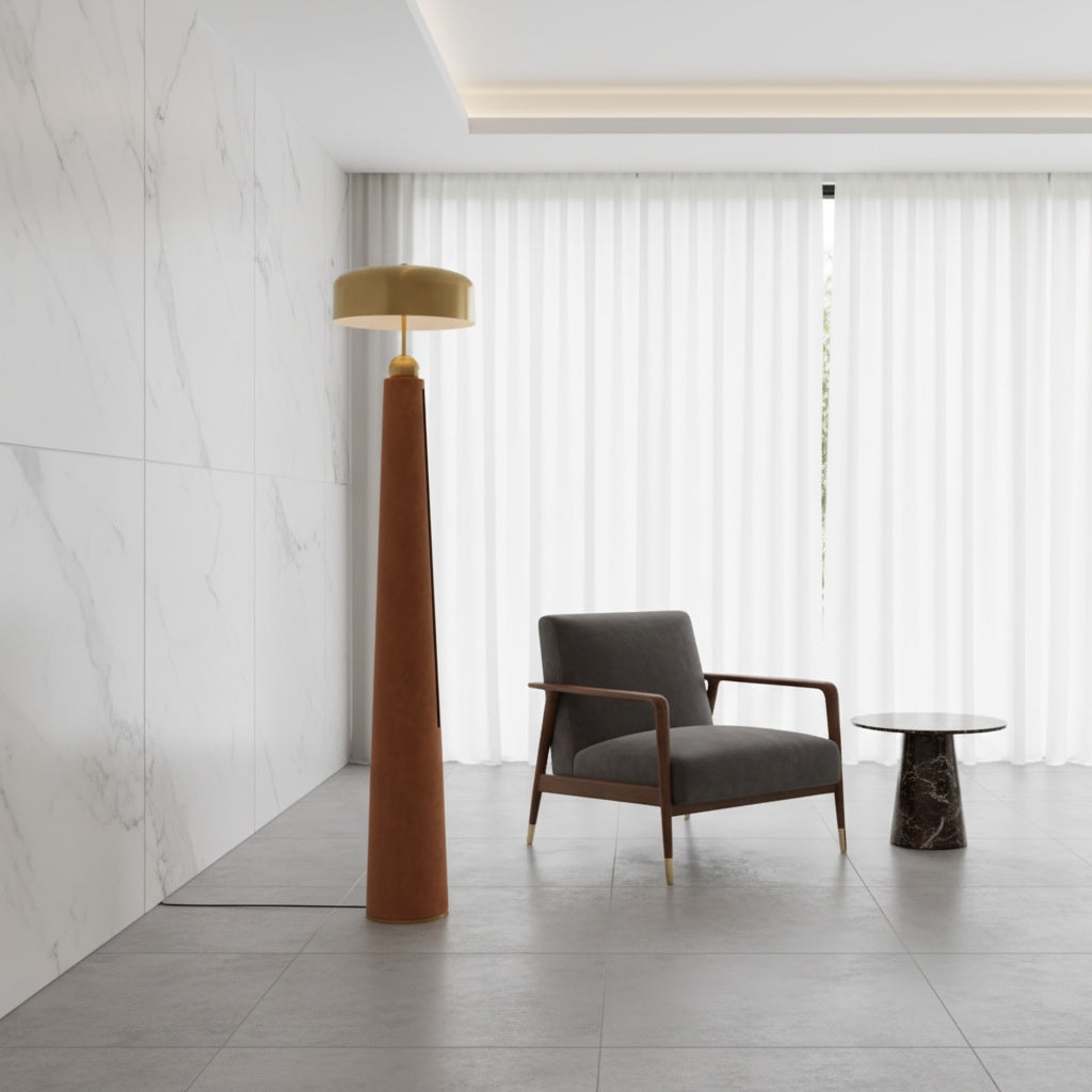 Mid-century modern brass and brown leather floor lamp | LUMIO