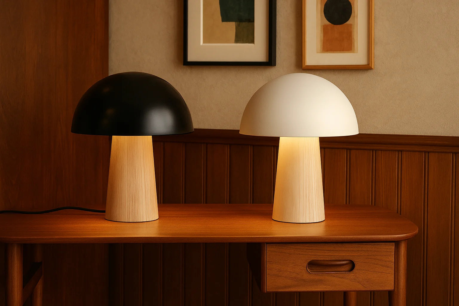Deux lampes champignon PIOPPINO avec pied en bois clair et abat-jour noir et blanc, posées sur une surface blanche devant un mur gris foncé, illustrant un design épuré et scandinave avec un jeu de contrastes subtil.