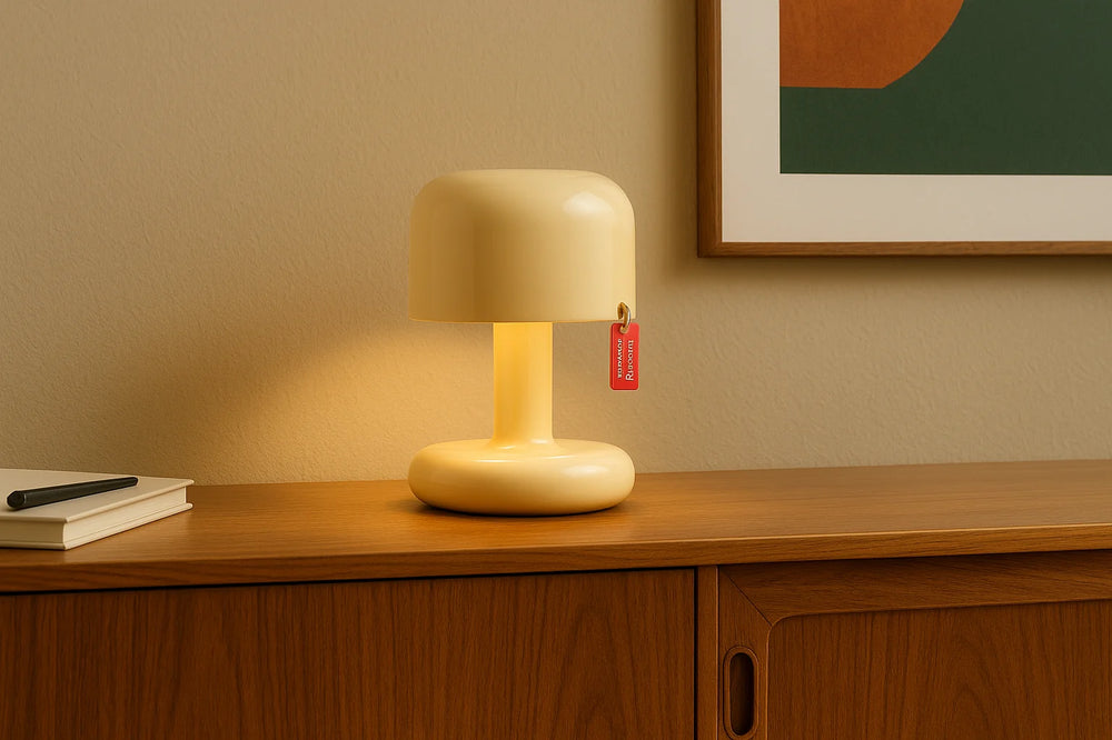 Lampe champignon sans fil PIA en finition crème, posée sur un buffet en bois dans un intérieur épuré au style mid-century, avec son étiquette rouge iconique et une lumière chaleureuse qui crée une ambiance douce et élégante.