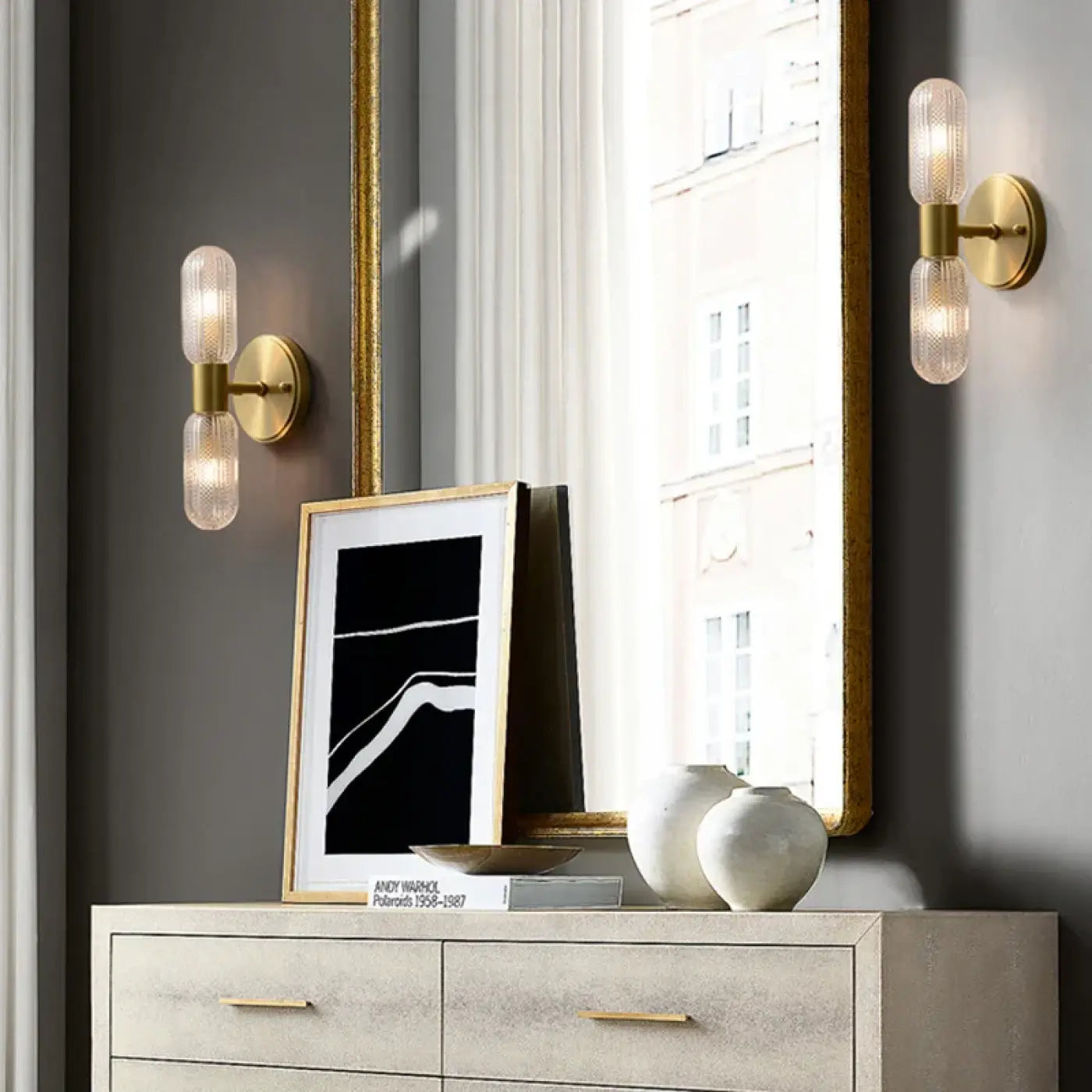 Applique murale dorée en verre et métal à 2 lumières — vue 3