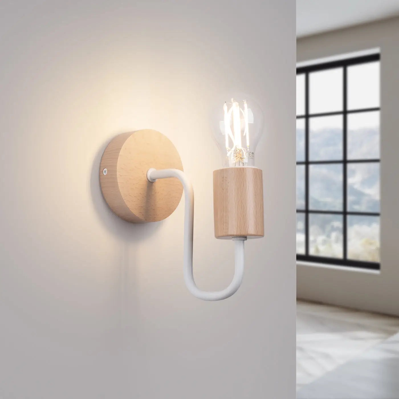 Applique murale LED blanche en acier et bois naturel — vue 1