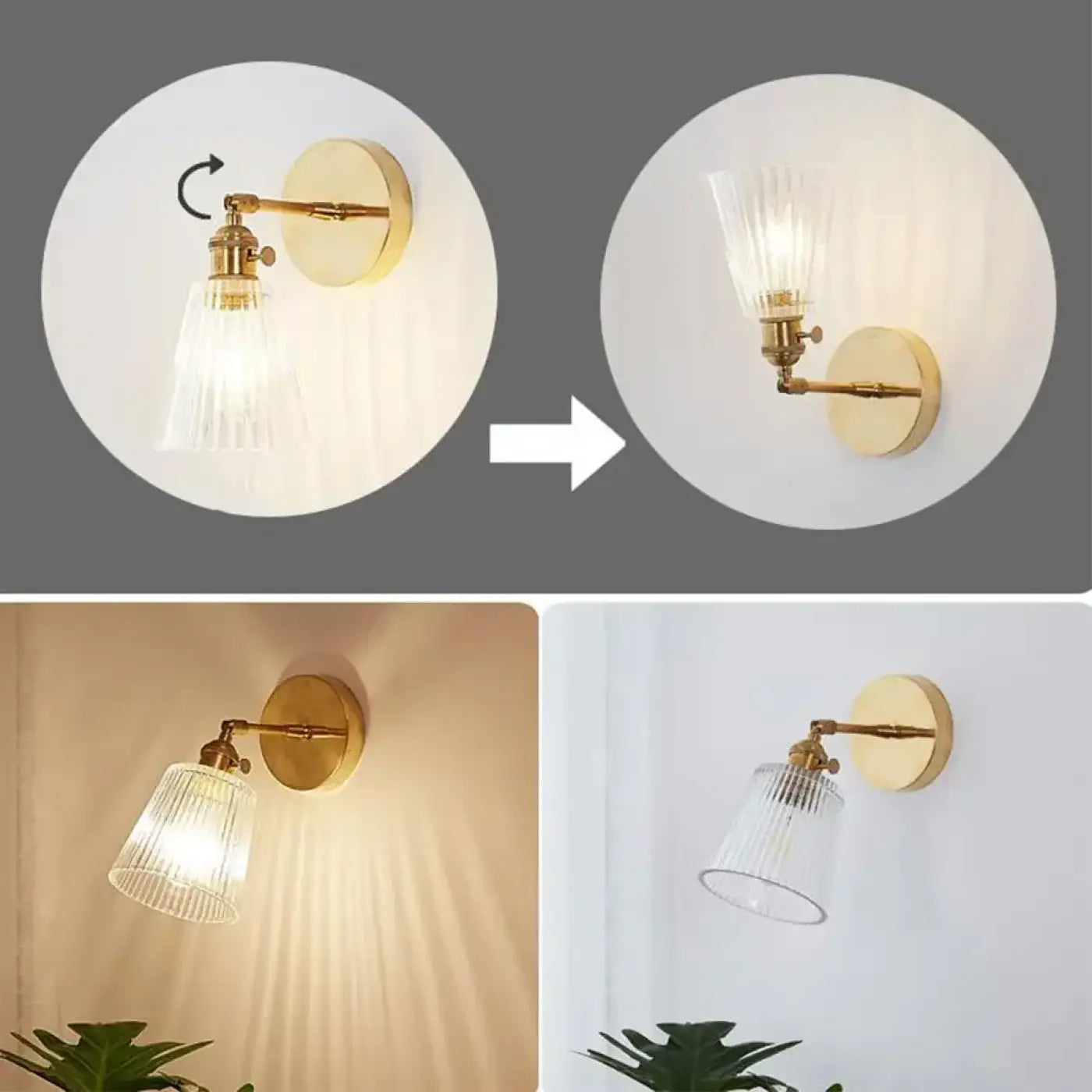 Applique murale LED dorée abat-jour en verre strié — vue 2