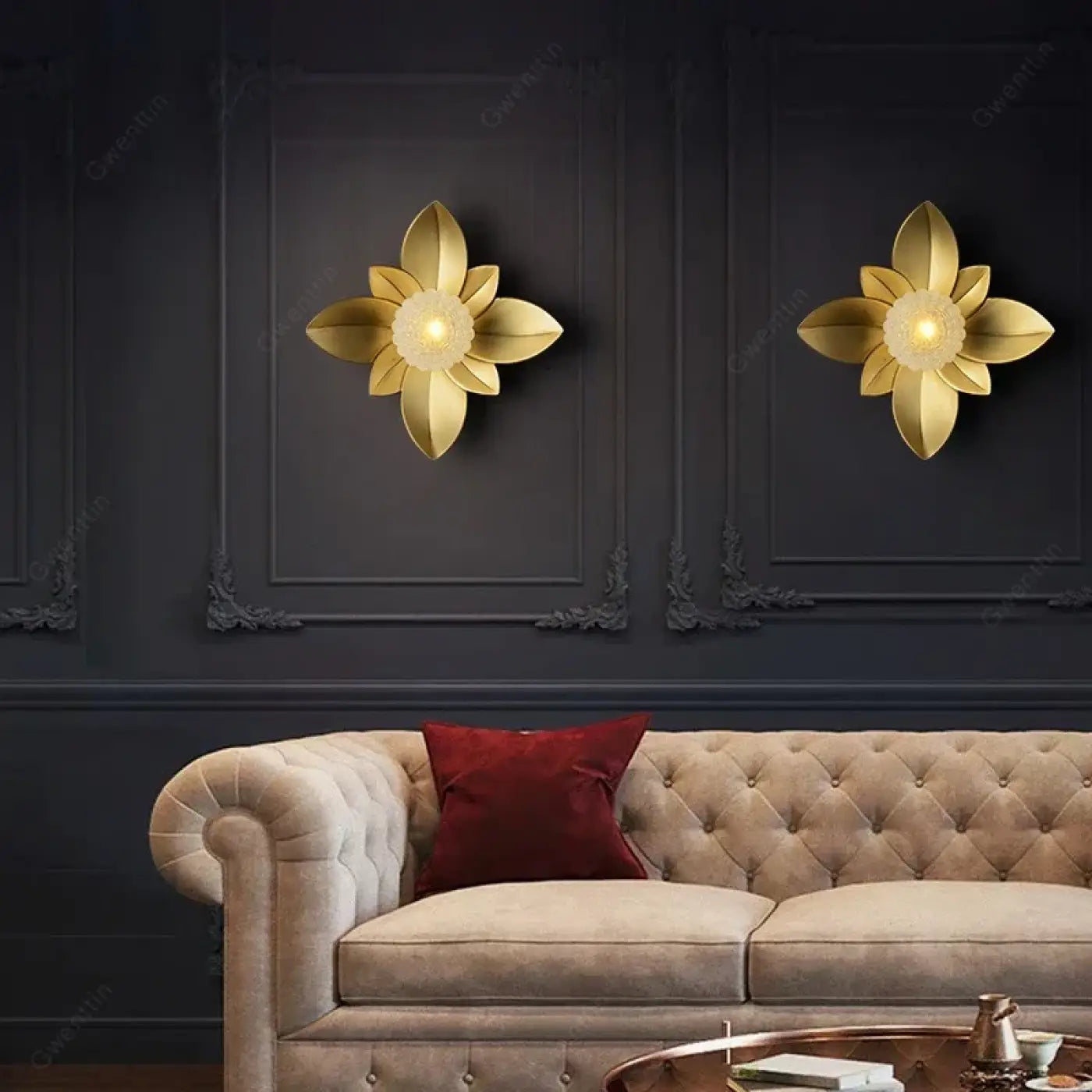 Applique murale LED dorée fleur en métal et verre — vue 3