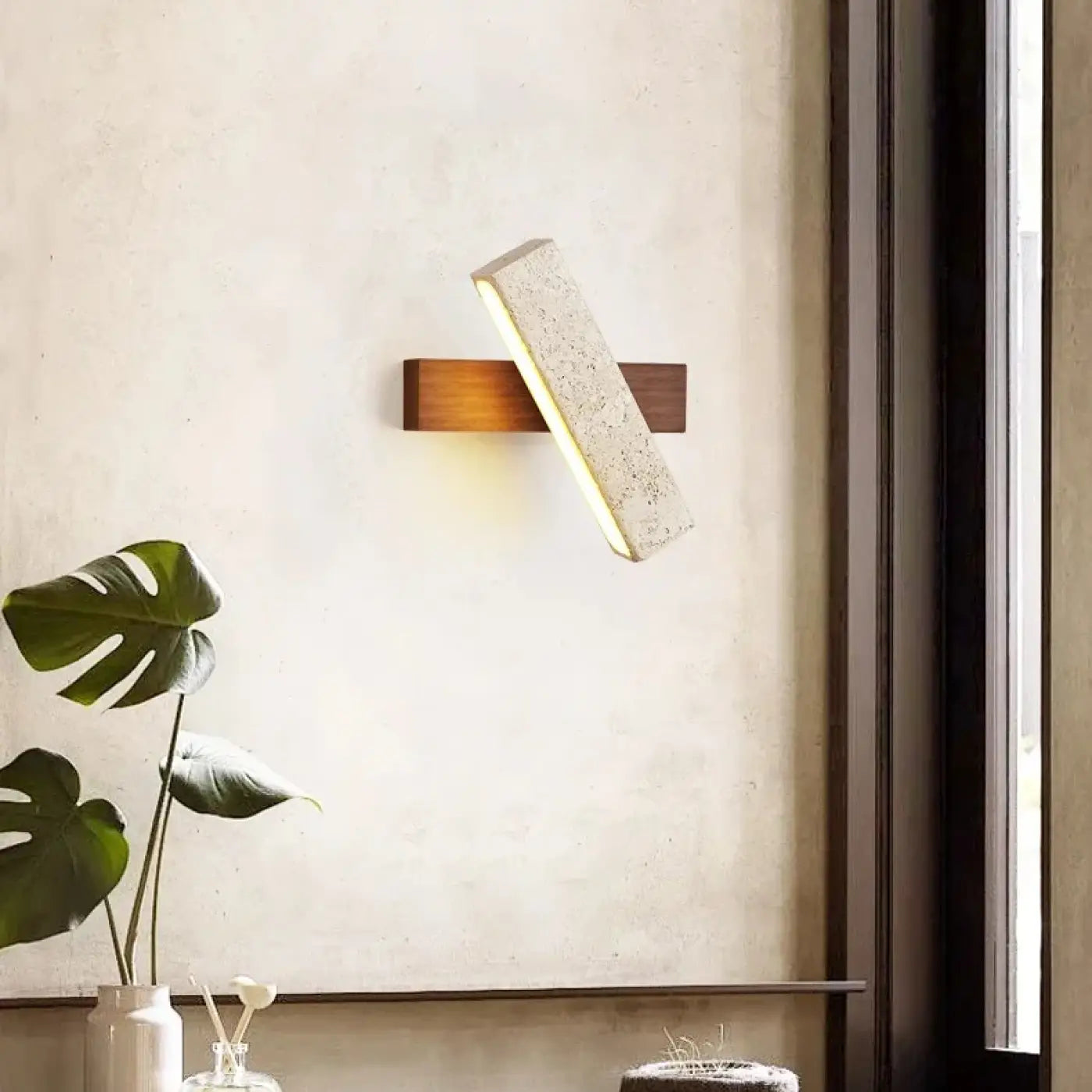 Applique murale LED en pierre et bois beige câble ajustable — vue 1