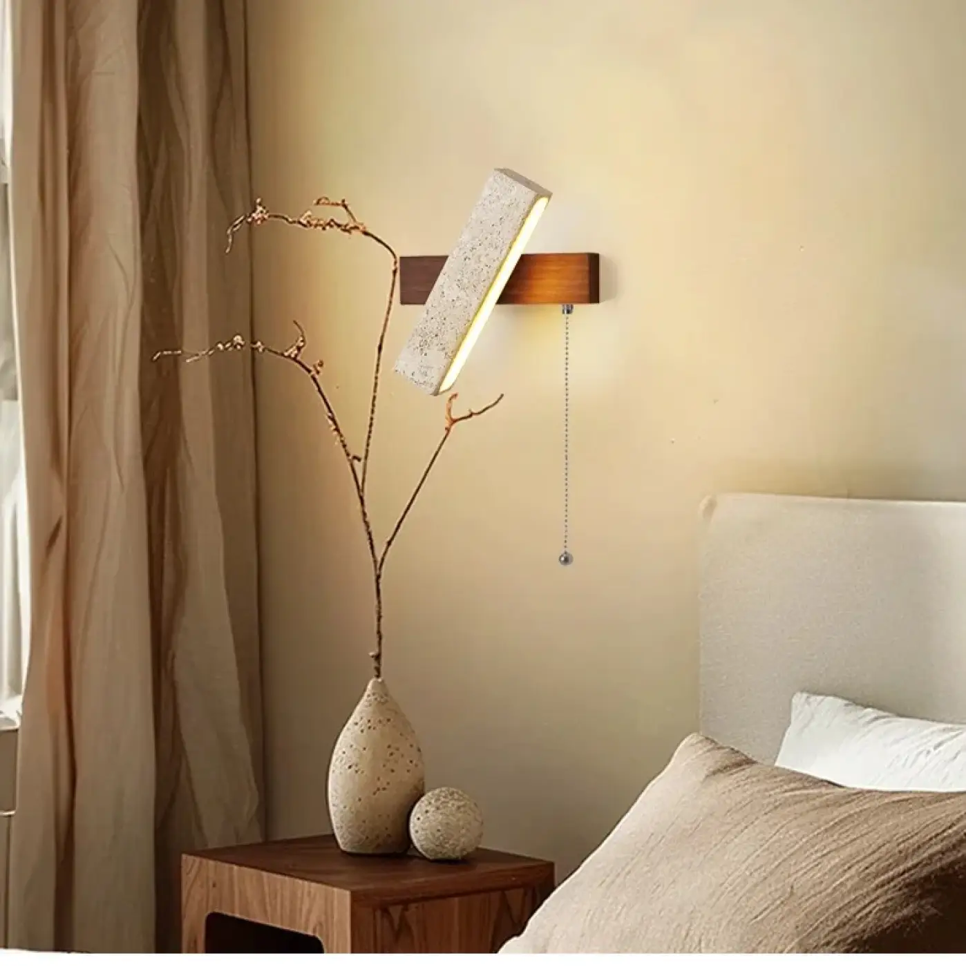 Applique murale LED en pierre et bois beige câble ajustable — vue 10