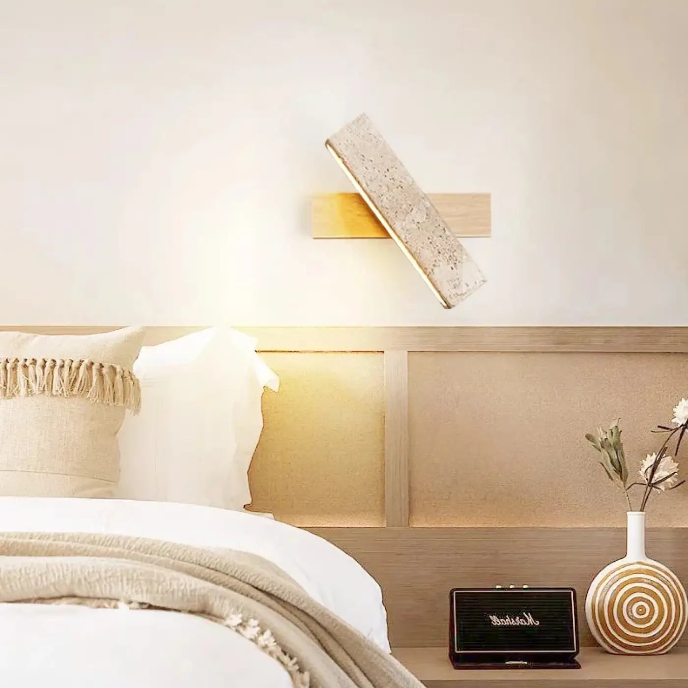 Applique murale LED en pierre et bois beige câble ajustable — vue 9