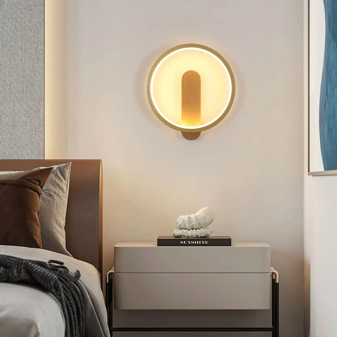 Applique murale LED ronde en bois beige scandinave — vue 3