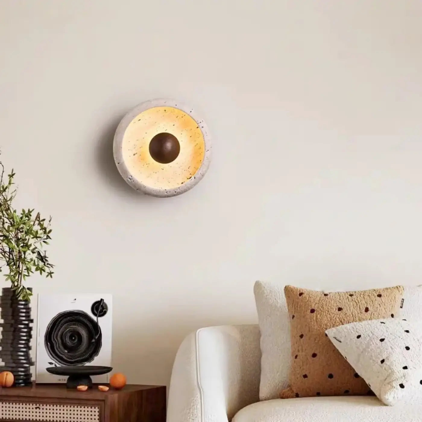 Applique murale LED ronde en bois et pierre beige design — vue 1