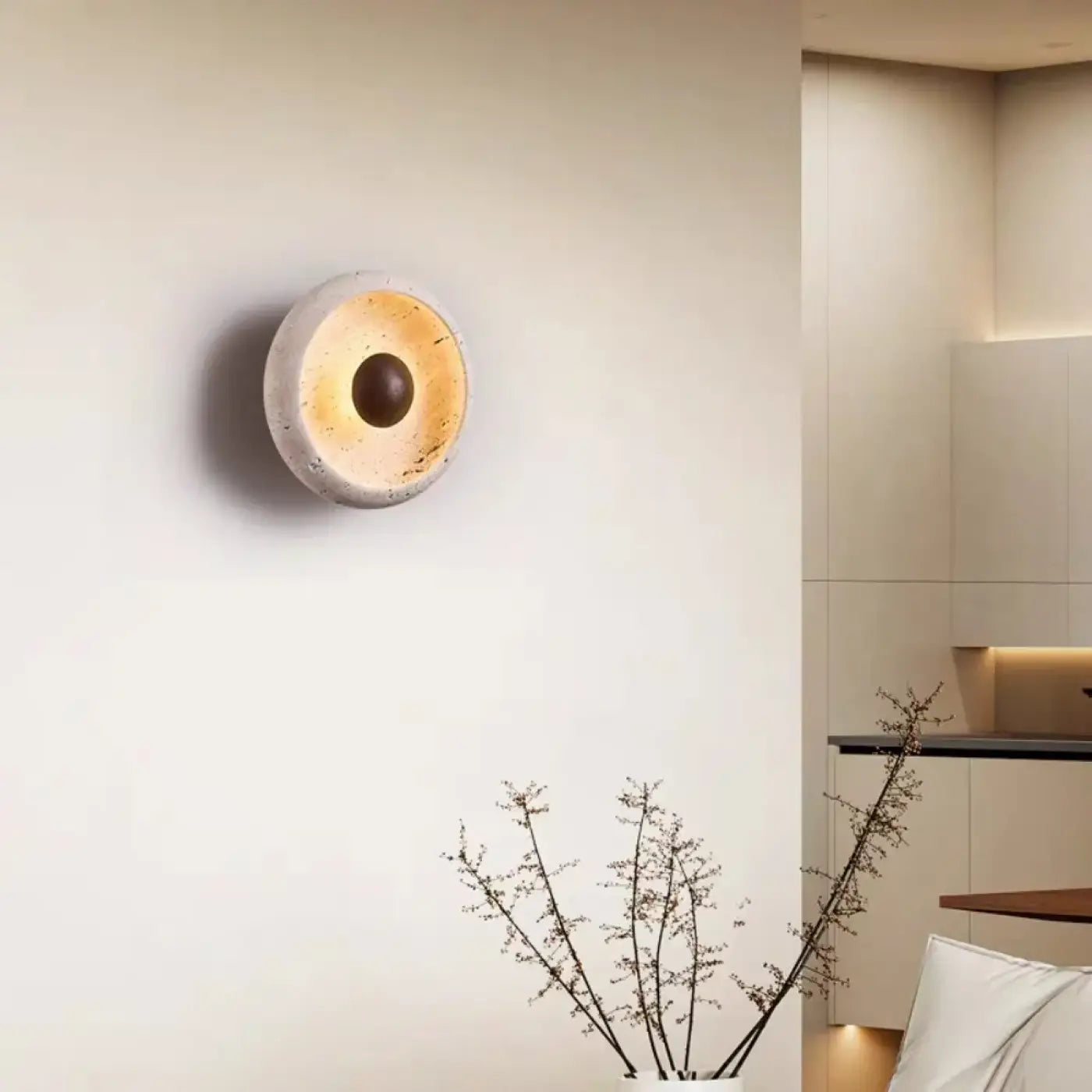 Applique murale LED ronde en bois et pierre beige design — vue 2