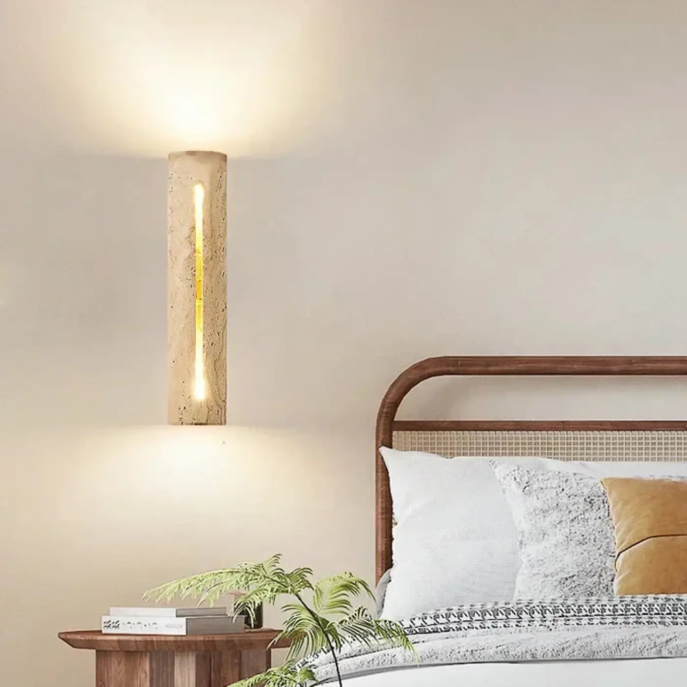 Applique murale LED verticale en pierre et bois beige — vue 1