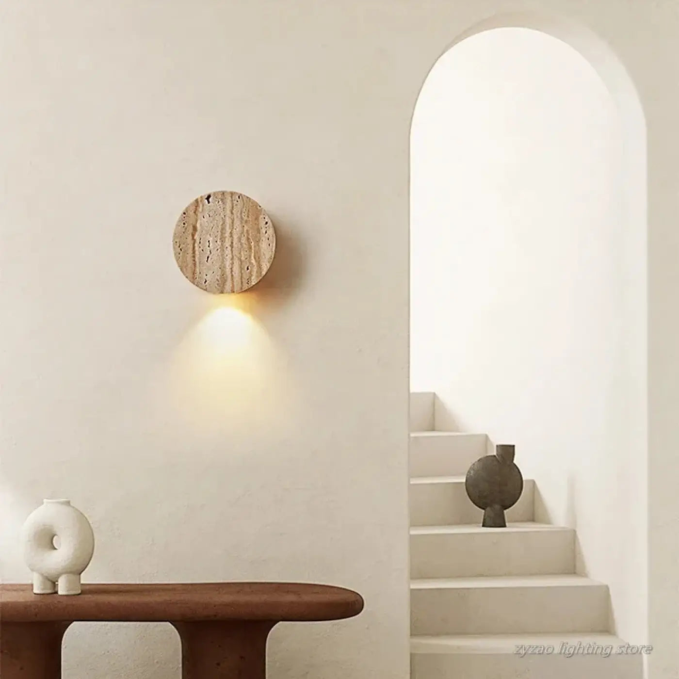 Applique murale ronde en pierre beige effet brut IP65 — vue 1