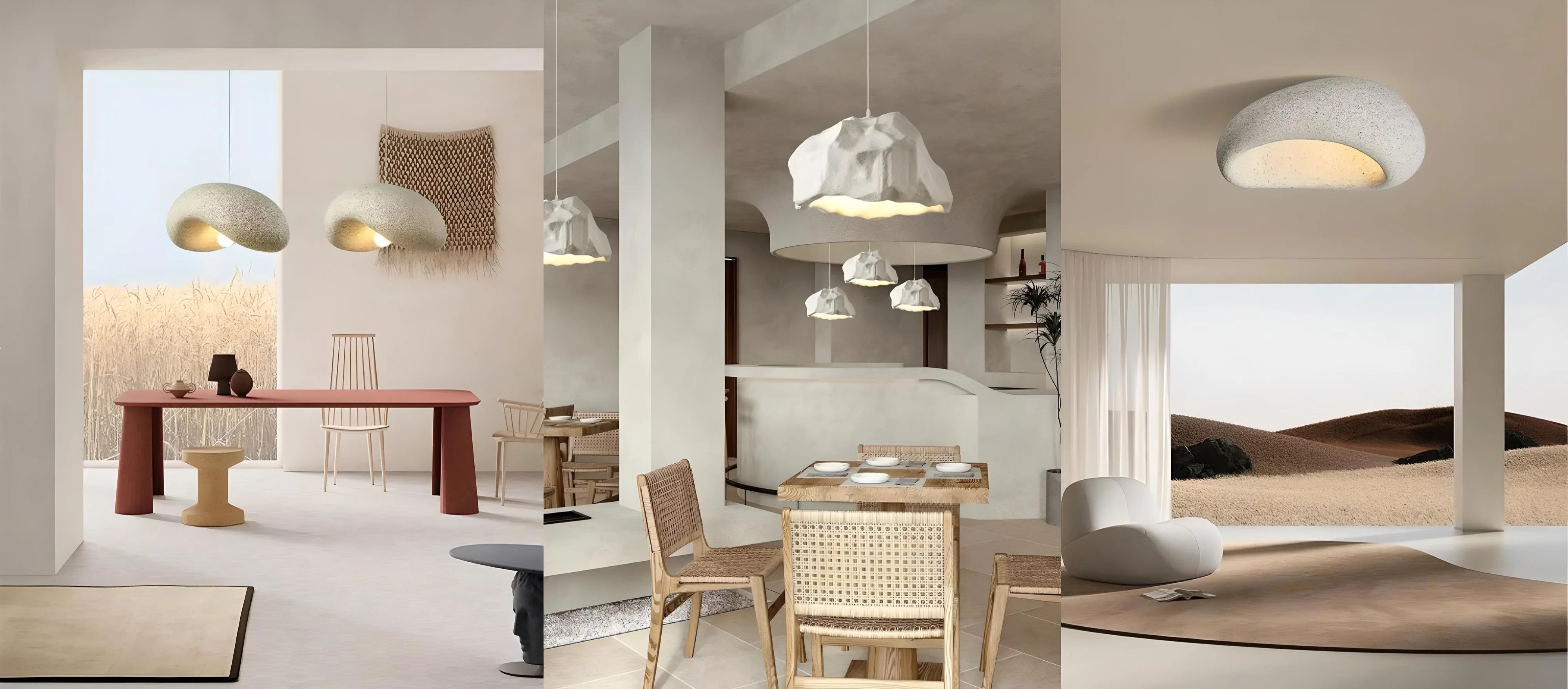 collection de suspensions minimalistes wabi-sabi blancs disposés dans salons