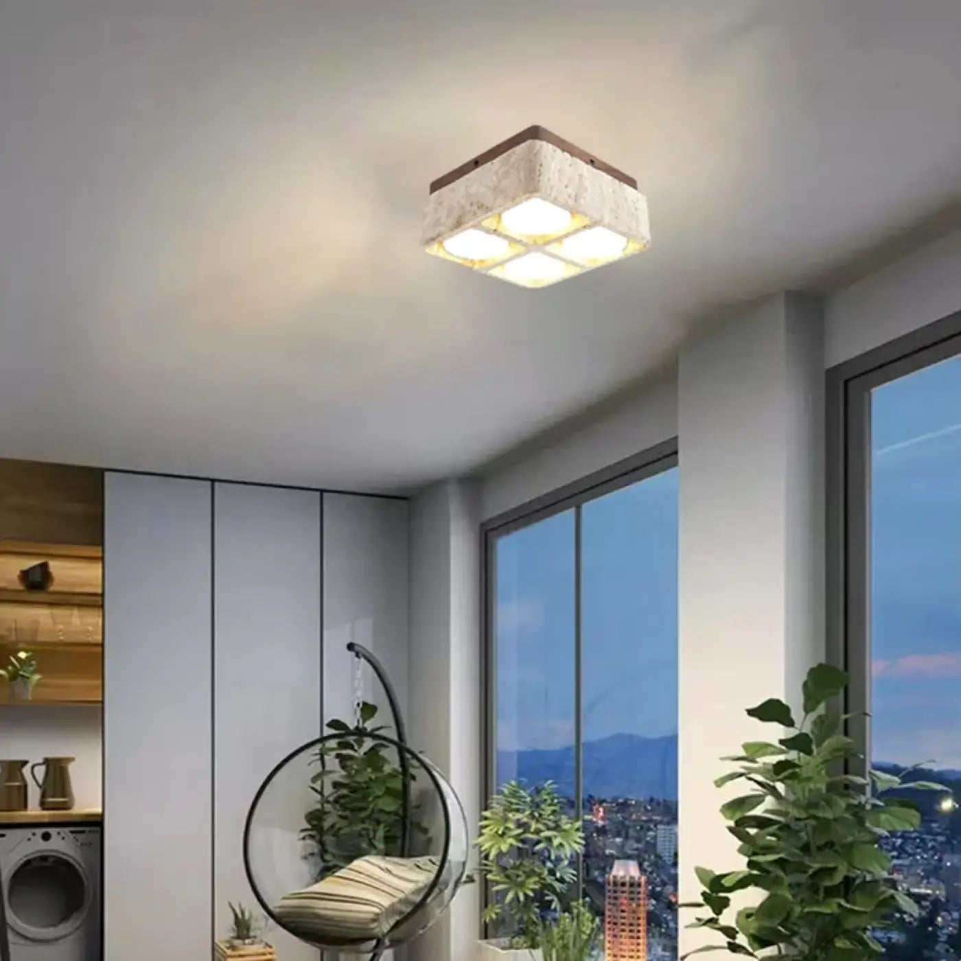 Square stone and wood modern LED ceiling light | KUBU