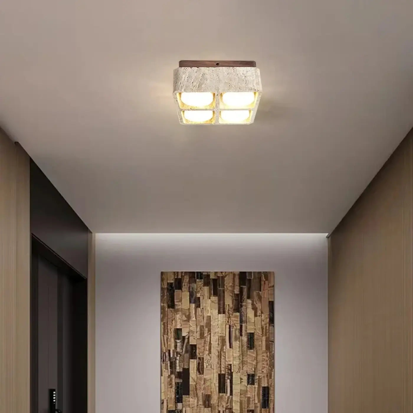 Square stone and wood modern LED ceiling light | KUBU