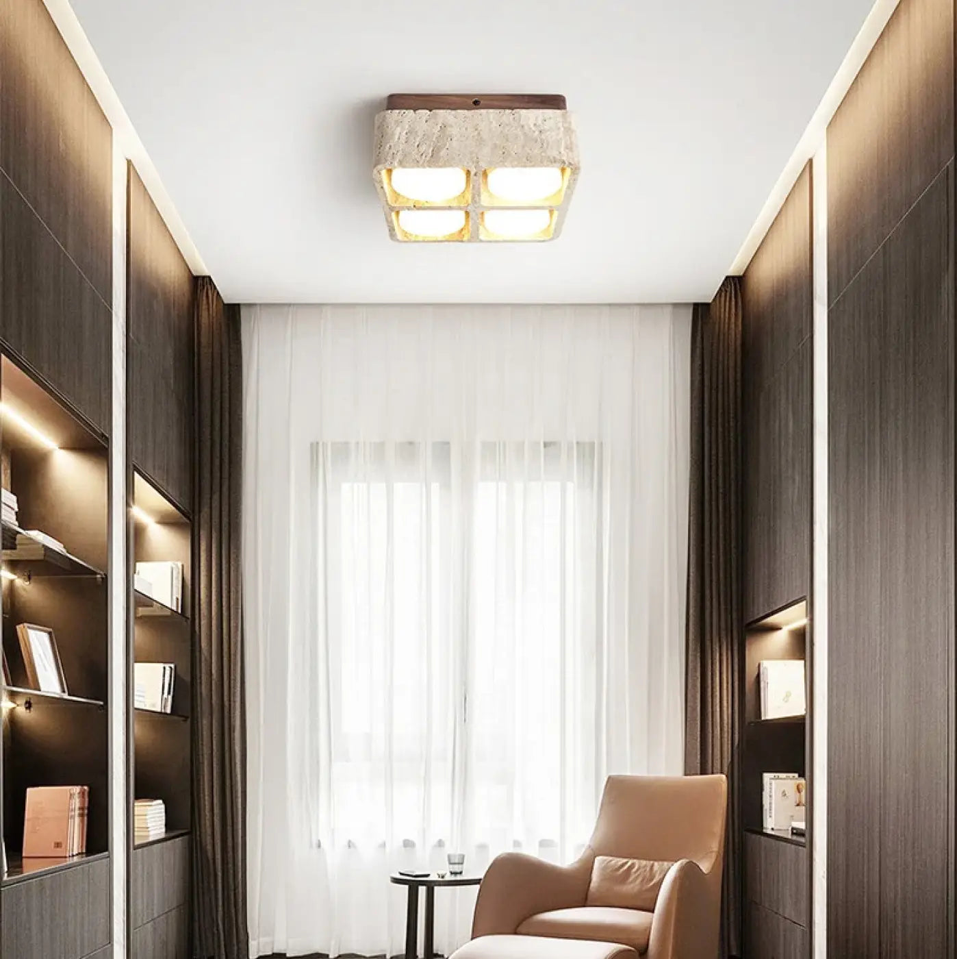 Square stone and wood modern LED ceiling light | KUBU