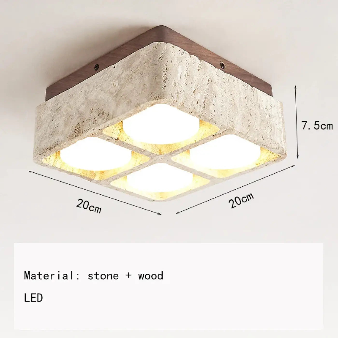 Square stone and wood modern LED ceiling light | KUBU