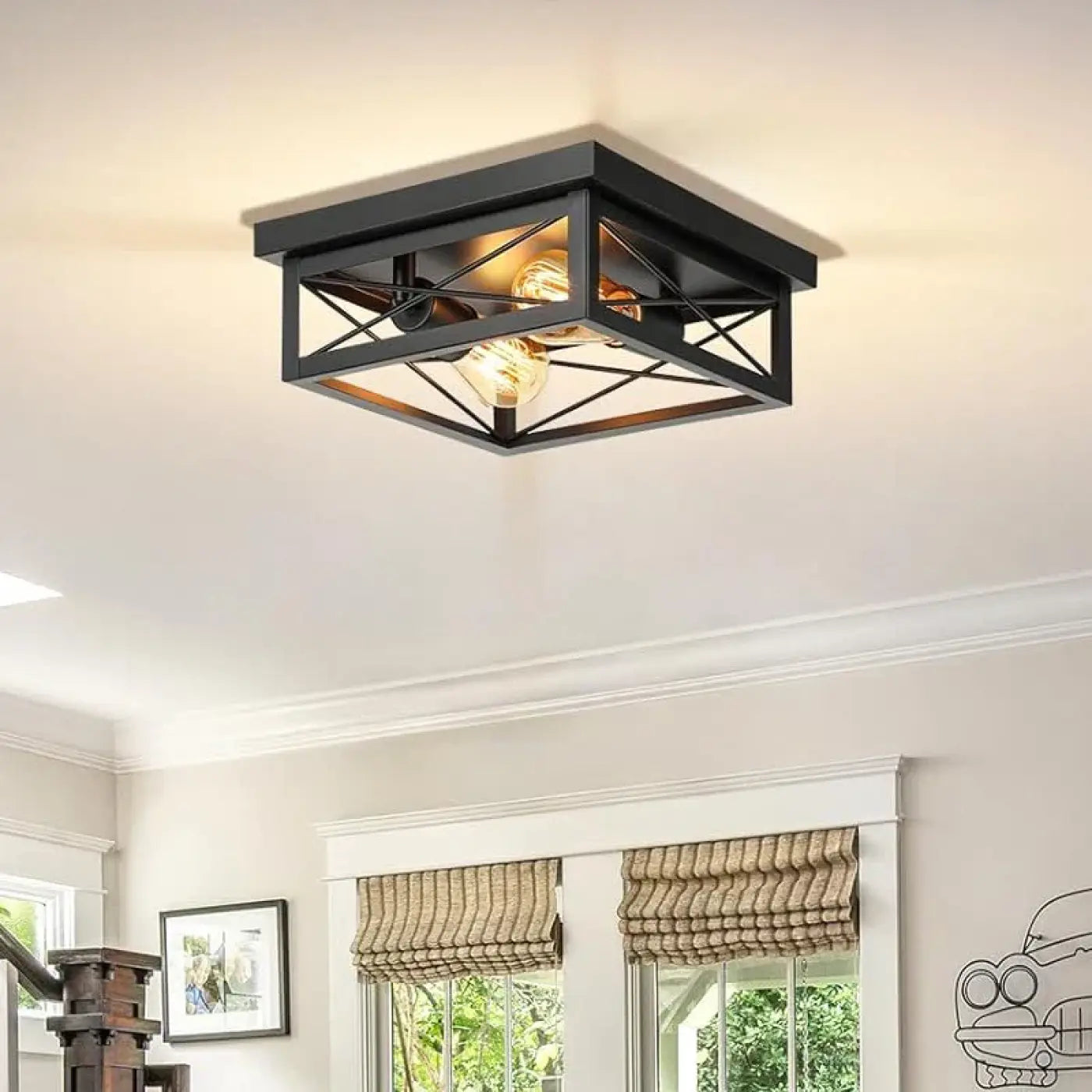 Black metal square industrial ceiling light | HANAVUS