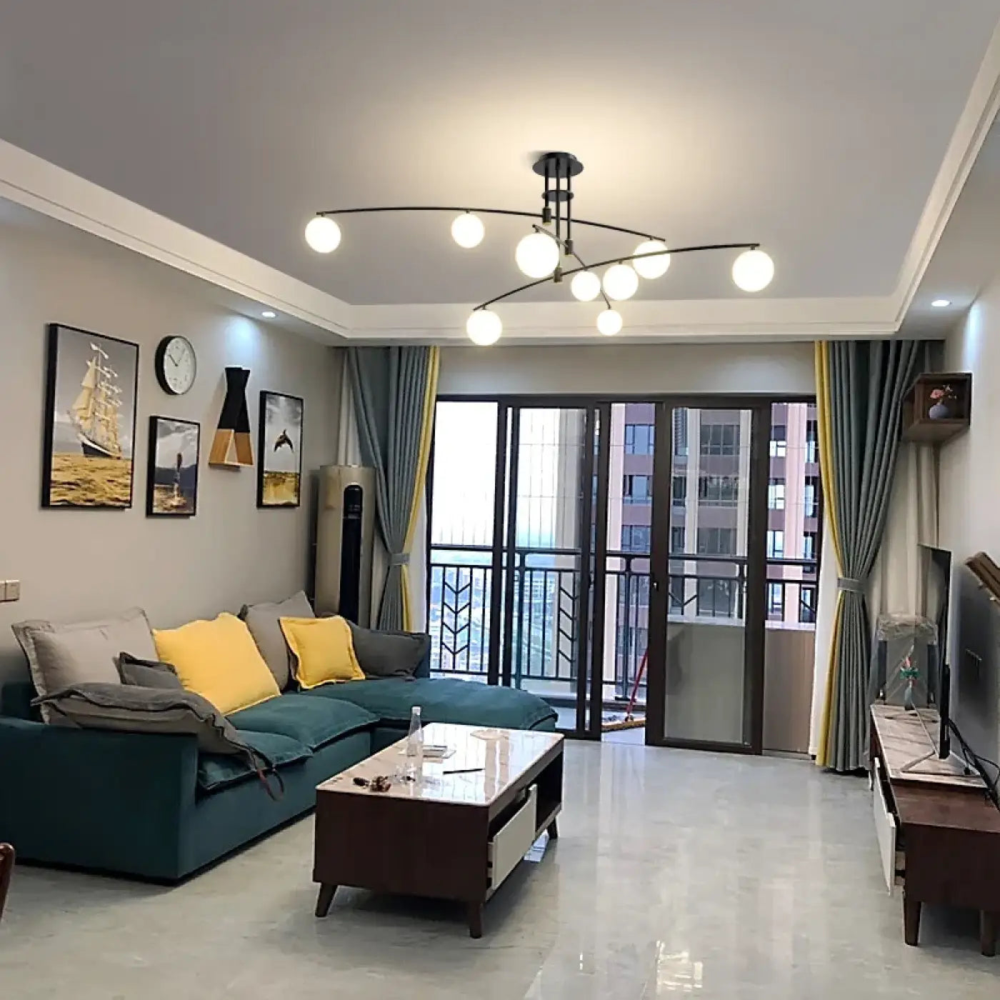 Black multi-arm ceiling light with white globes | KOGO