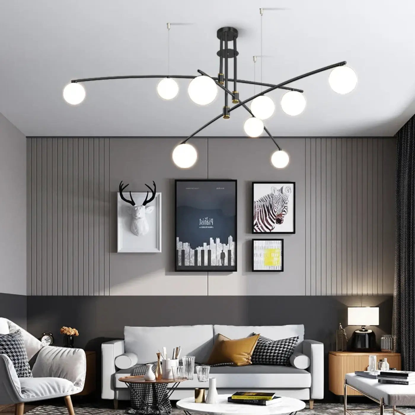Black multi-arm ceiling light with white globes | KOGO
