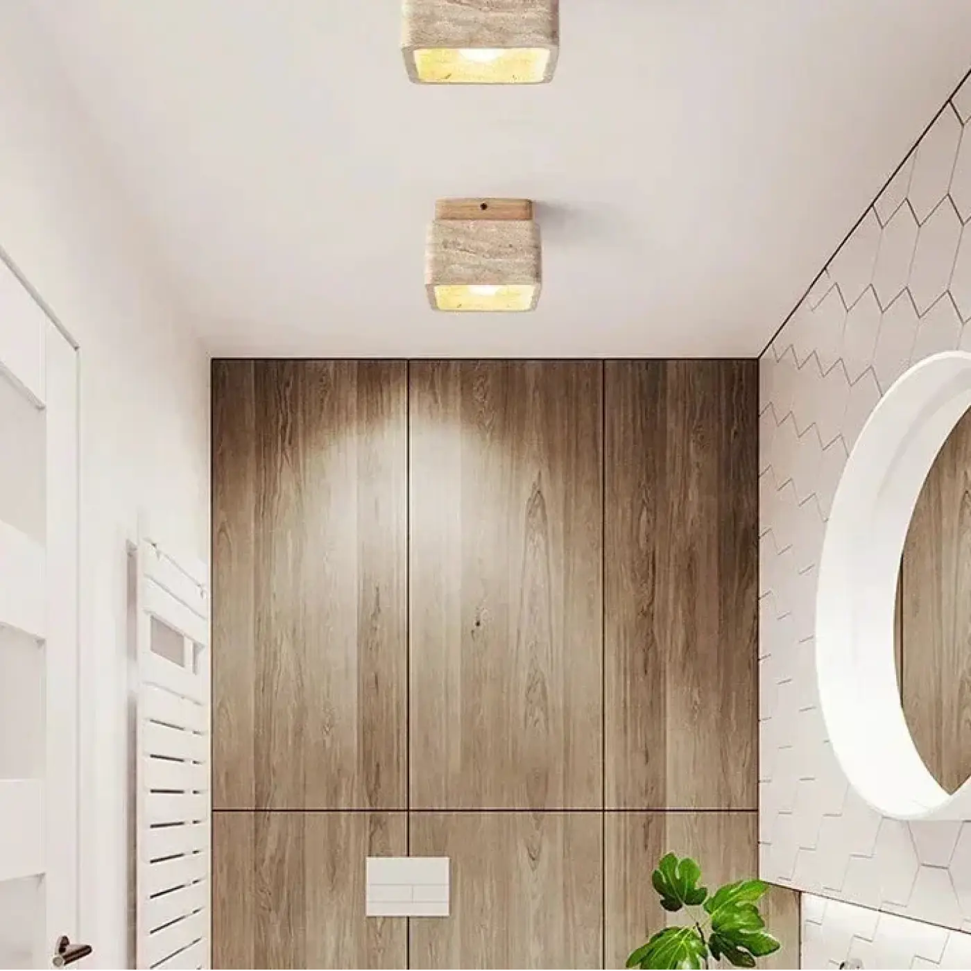 Minimalist stone and wood LED ceiling light | TAPAL