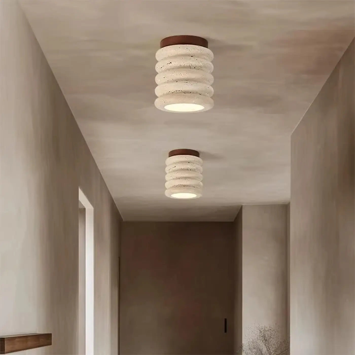 Modern travertine and wood LED ceiling light | FOBOL