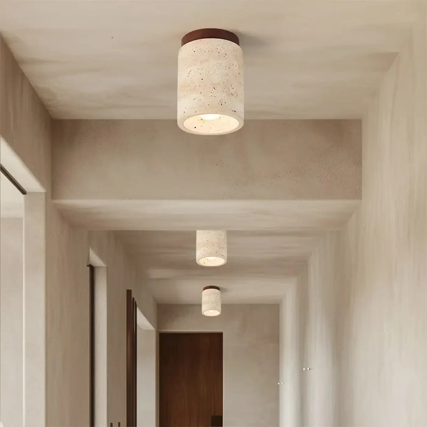 Modern travertine and wood LED ceiling light | FOBOL