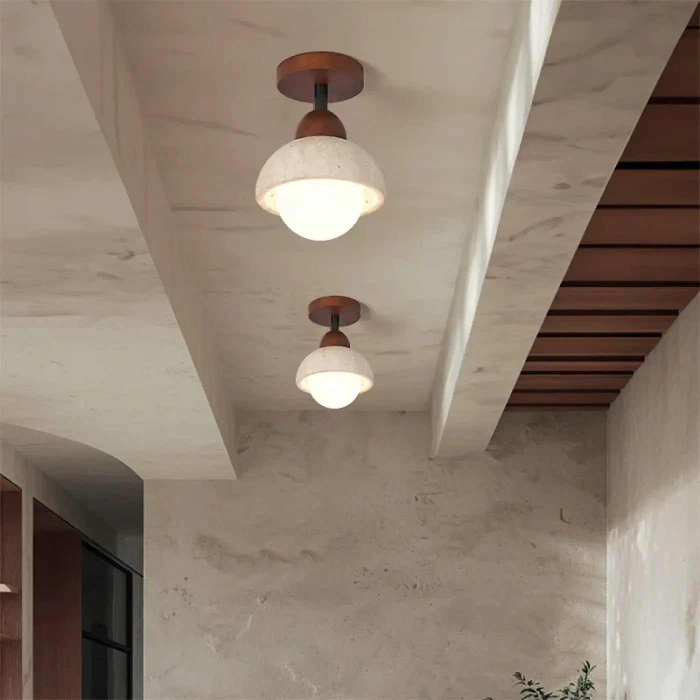 Modern travertine and wood LED ceiling light | FOBOL