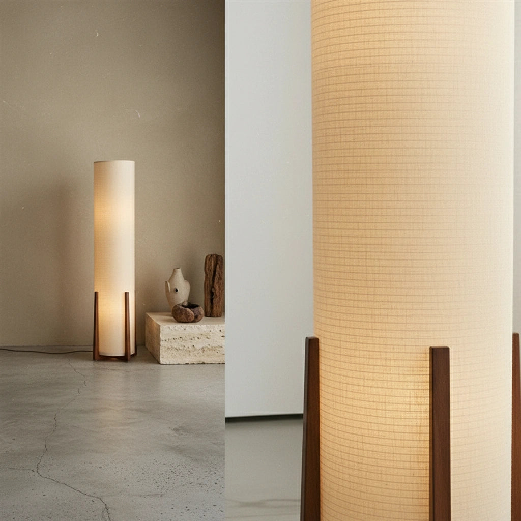 Wabi-sabi floor lamp with wooden base and cylindrical fabric shade, placed in a minimalist interior with natural tones
