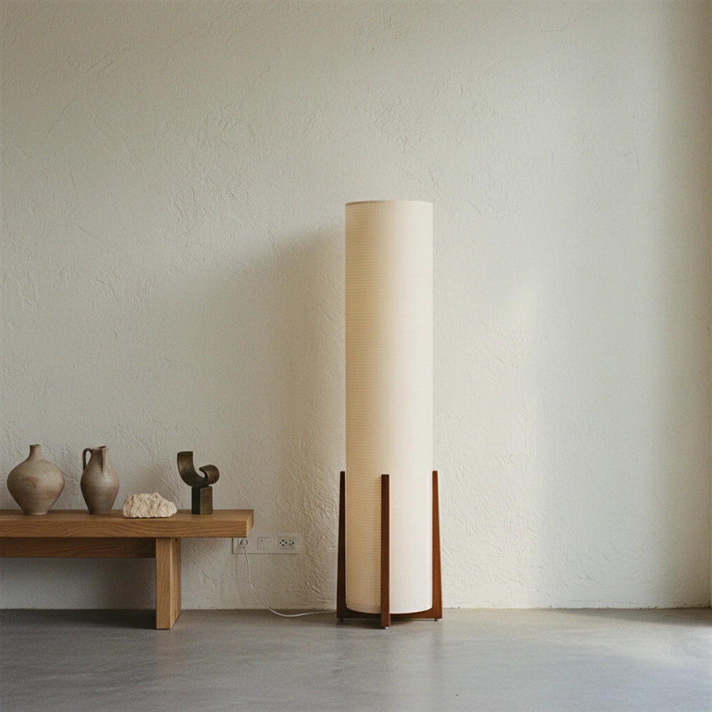 Wabi-sabi floor lamp with wooden base and cylindrical fabric shade, placed in a minimalist interior with natural tones
