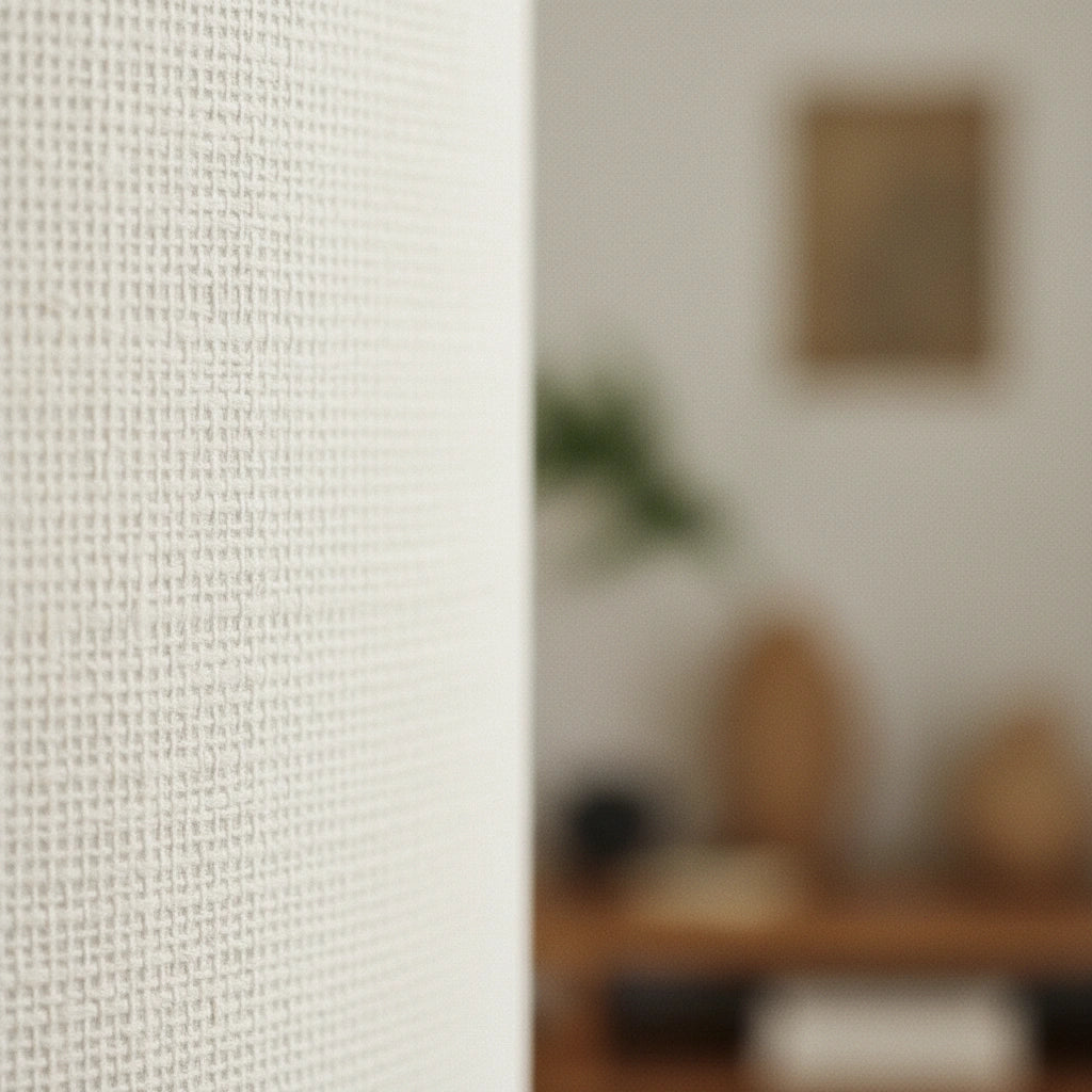 small Wabi-sabi floor lamp with wooden base and cylindrical fabric shade, placed in a minimalist interior with natural tones